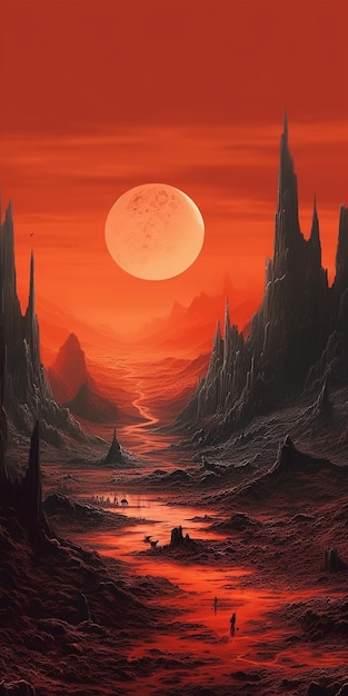 Uma pintura de uma paisagem com uma lua vermelha no céu.