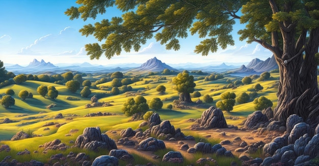 Uma pintura de uma paisagem com uma montanha ao fundo.