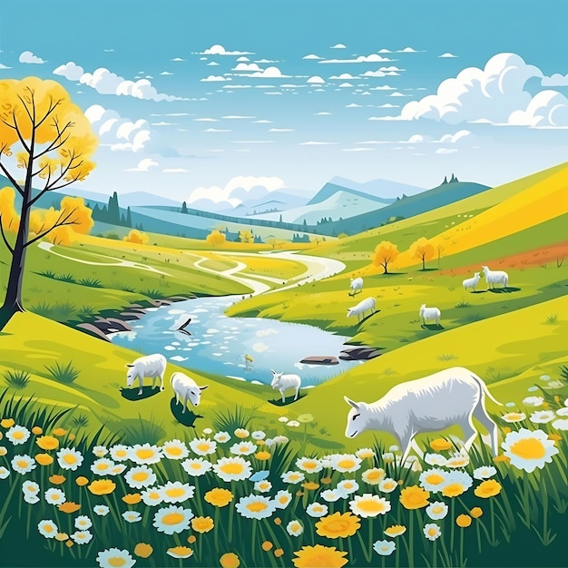 uma pintura de uma paisagem com uma vaca e flores