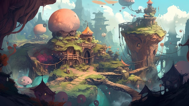 Uma pintura de uma paisagem de fantasia com um castelo e uma cidade ao fundo.