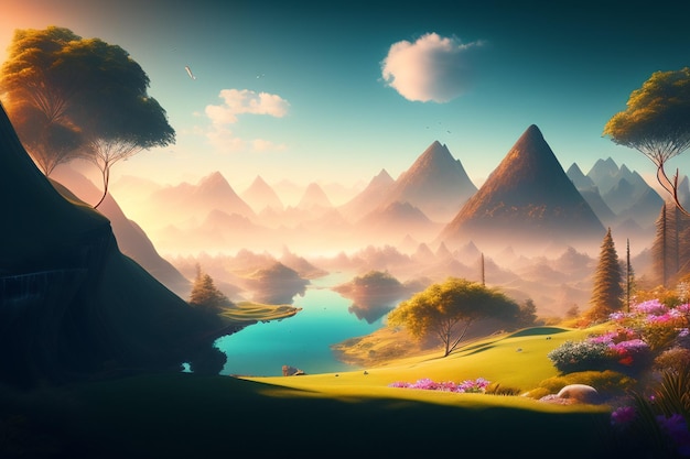 Uma pintura de uma paisagem de montanha com montanhas e um lago.