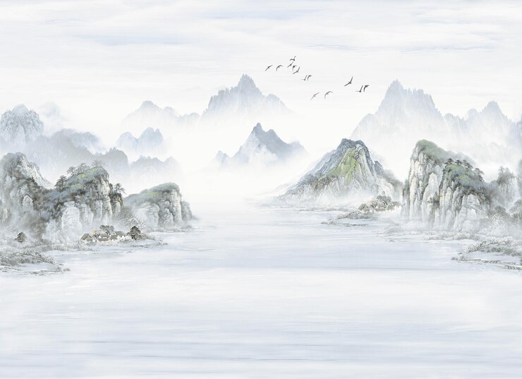Foto uma pintura de uma paisagem de montanha com pássaros voando sobre o oceano