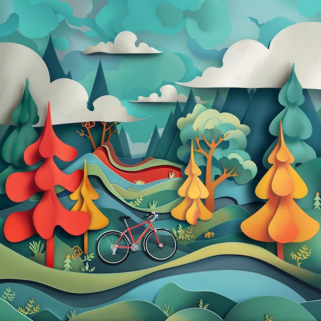 uma pintura de uma paisagem de montanha com uma bicicleta e árvores