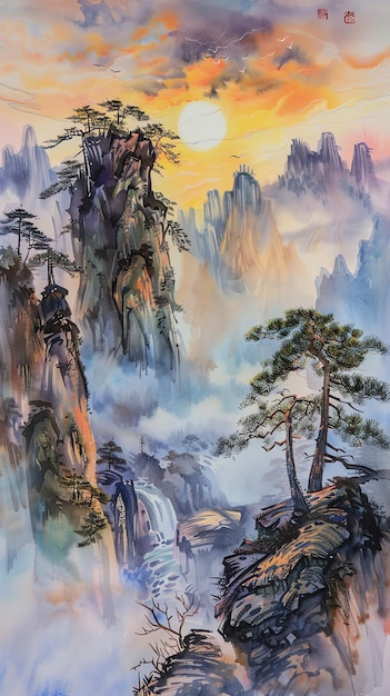 uma pintura de uma paisagem de montanha com uma cachoeira e árvores