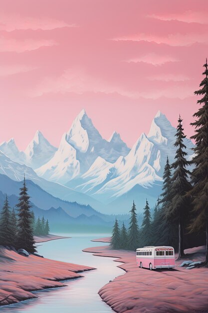 Foto uma pintura de uma paisagem de montanha com uma carrinha e árvores