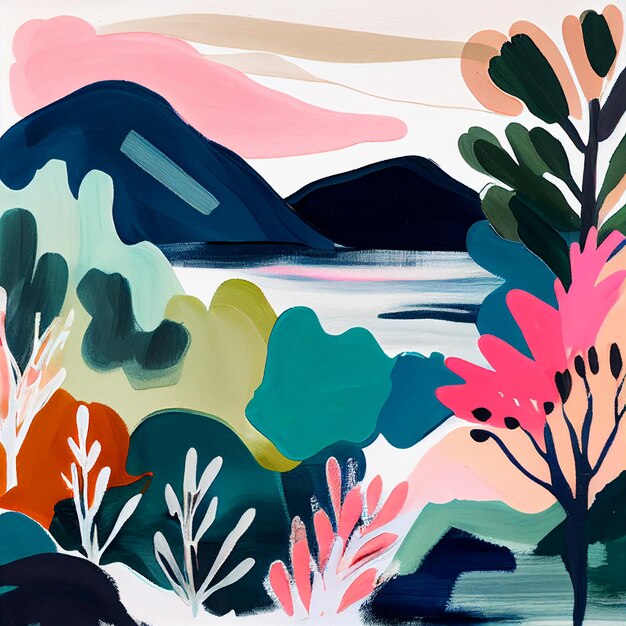Uma pintura de uma paisagem de montanha com uma montanha ao fundo.