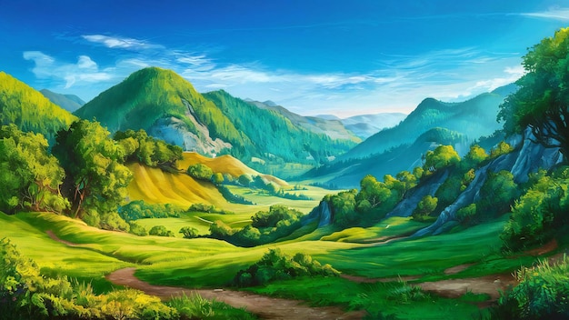 uma pintura de uma paisagem de montanha com uma montanha verde e uma floresta no fundo