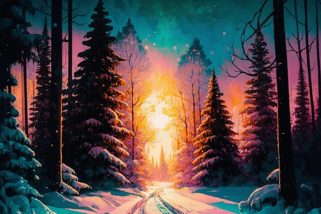 Uma pintura de uma paisagem de neve com um caminho de neve que conduz às árvores.