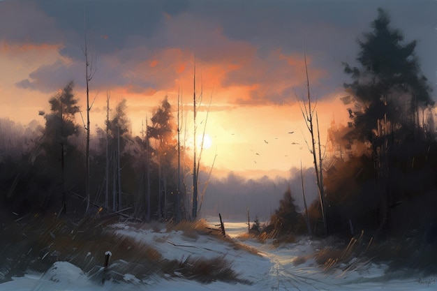 Uma pintura de uma paisagem de neve com um pôr do sol ao fundo.