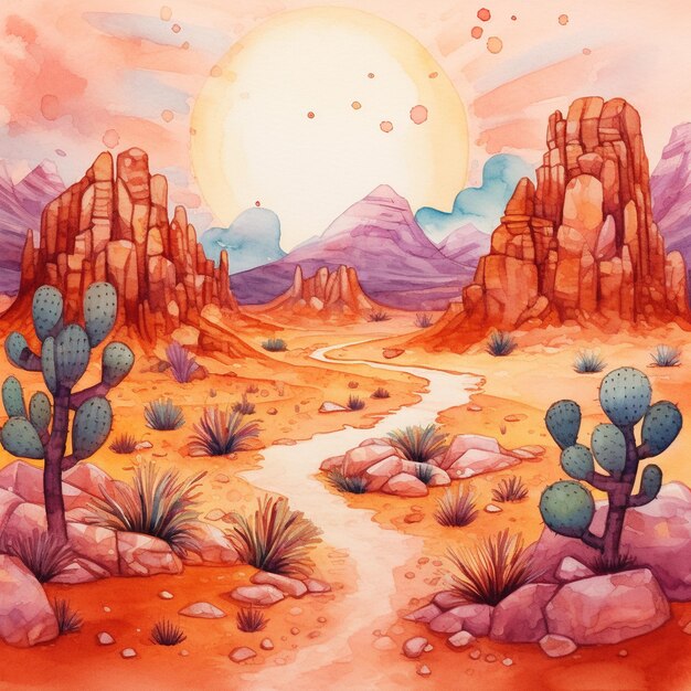 Uma pintura de uma paisagem desértica com um cacto e montanhas ao fundo.