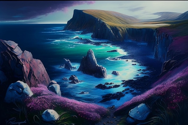 Uma pintura de uma paisagem do mar com pedras e um céu azul.