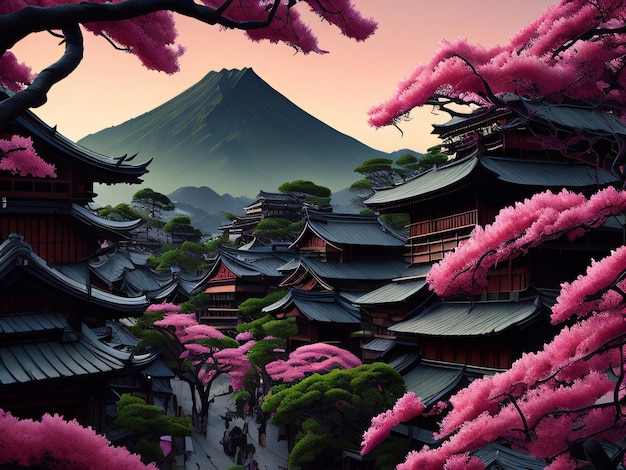 Uma pintura de uma paisagem japonesa com flores cor de rosa e uma montanha ao fundo.