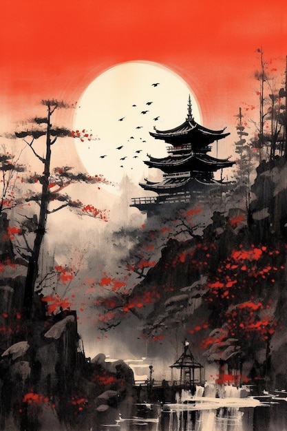 Uma pintura de uma paisagem japonesa com um pagode e um pássaro voando no céu.