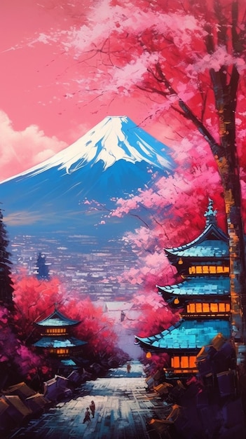 Uma pintura de uma paisagem japonesa com uma montanha ao fundo.