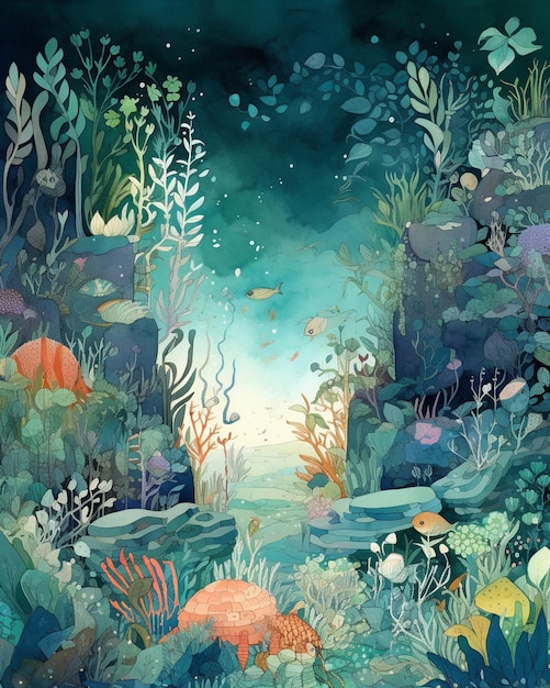 Uma pintura de uma paisagem marítima com um peixe