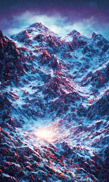 Uma pintura de uma paisagem montanhosa com arte gerada por ai da temporada de inverno de neve