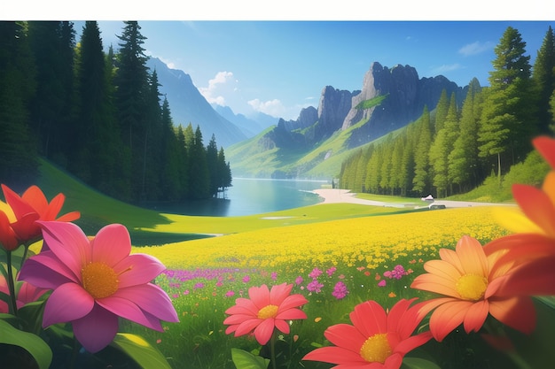 Uma pintura de uma paisagem montanhosa com flores e um lago.