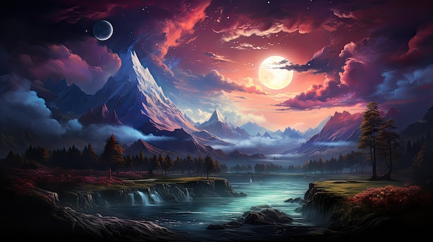 Uma pintura de uma paisagem montanhosa com lua cheia e uma cachoeira.