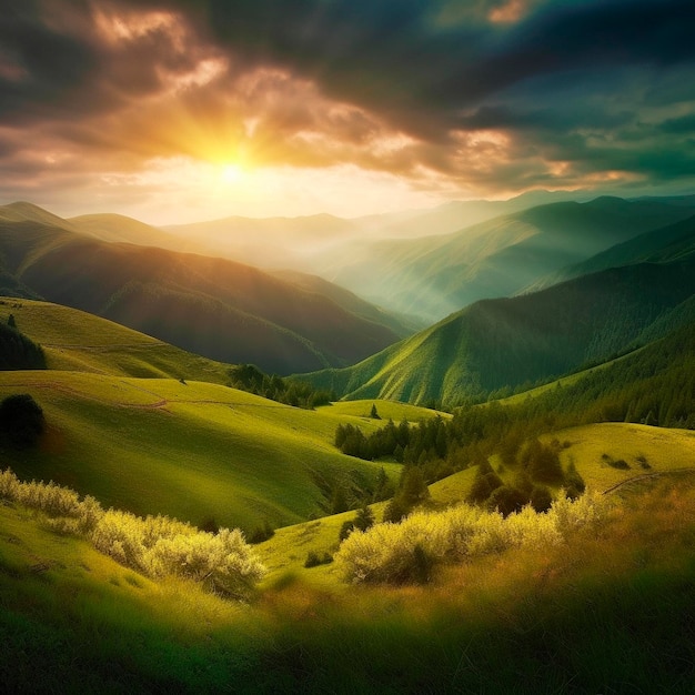 Uma pintura de uma paisagem montanhosa com o sol brilhando por entre as nuvens.