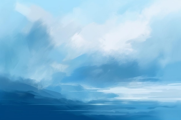 Uma pintura de uma paisagem montanhosa com um céu azul e nuvens.