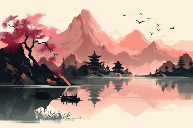 Uma pintura de uma paisagem montanhosa com um céu rosa e uma montanha de estilo japonês ao fundo.
