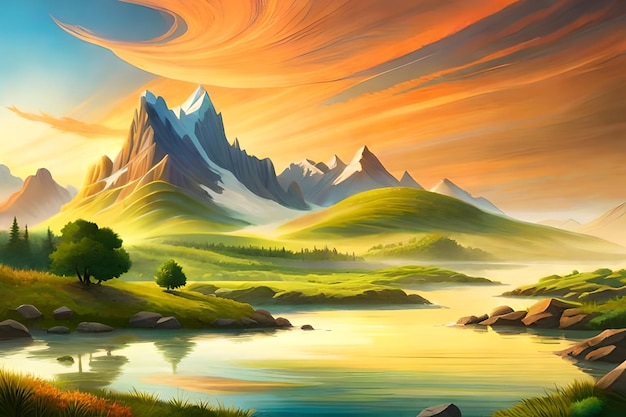 Uma pintura de uma paisagem montanhosa com um lago e montanhas ao fundo.