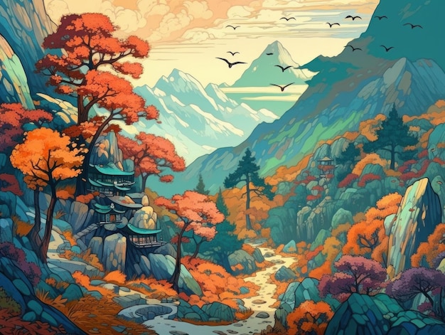 Uma pintura de uma paisagem montanhosa com um pequeno templo em primeiro plano.