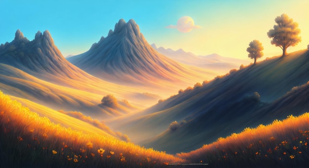 Uma pintura de uma paisagem montanhosa com um pôr do sol ao fundo