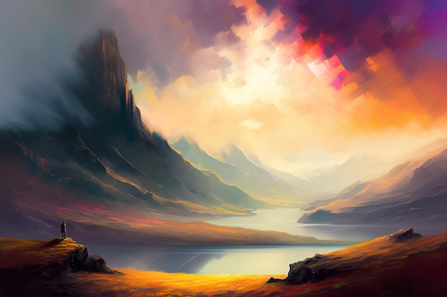Uma pintura de uma paisagem montanhosa com um pôr do sol ao fundo.