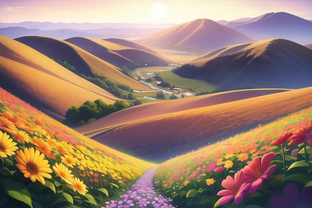 Uma pintura de uma paisagem montanhosa com um pôr do sol ao fundo.