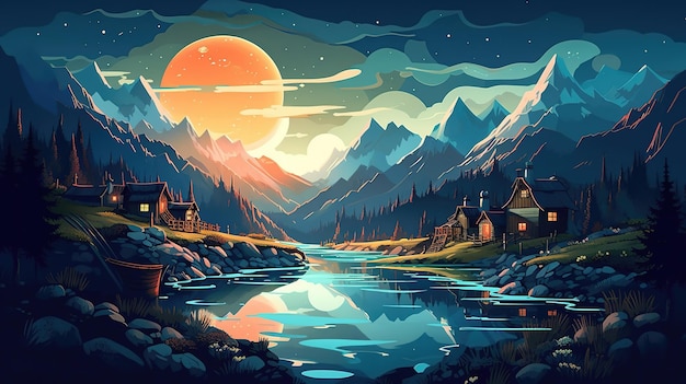Uma pintura de uma paisagem montanhosa com um pôr do sol e uma aldeia ao fundo.