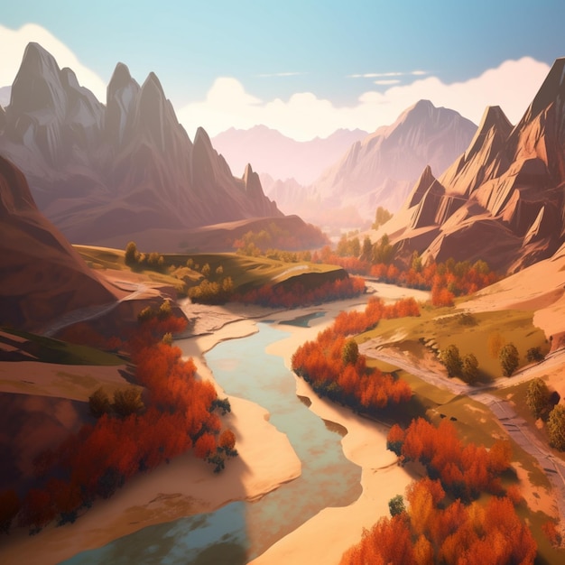 Uma pintura de uma paisagem montanhosa com um rio correndo por ela.