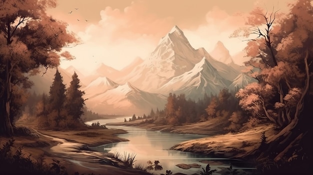 Uma pintura de uma paisagem montanhosa com um rio e montanhas ao fundo.