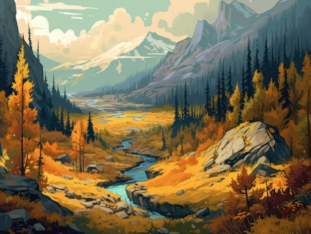Uma pintura de uma paisagem montanhosa com um rio em primeiro plano e montanhas ao fundo.