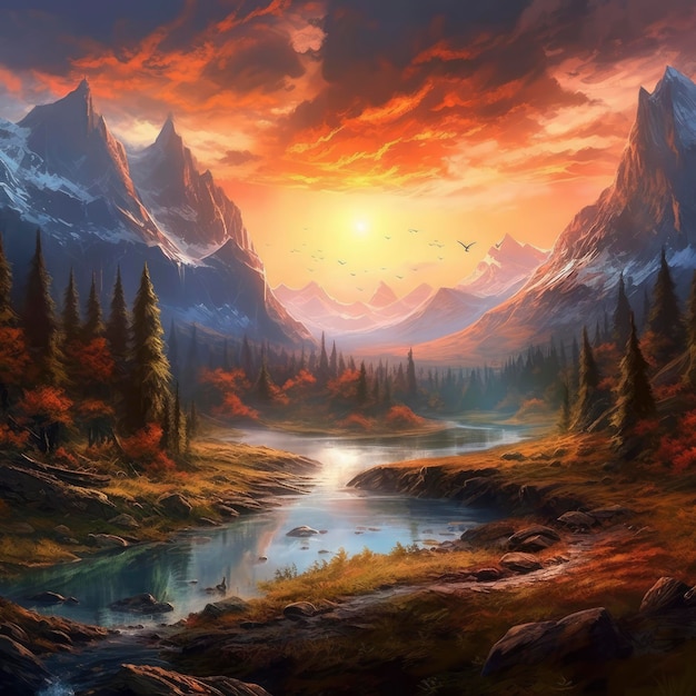 Uma pintura de uma paisagem montanhosa com um rio em primeiro plano e um pôr do sol ao fundo.