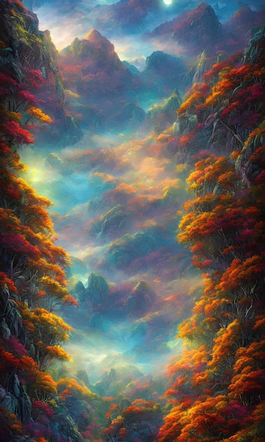 Uma pintura de uma paisagem montanhosa com um rio no meio.