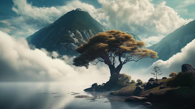 Uma pintura de uma paisagem montanhosa com uma árvore em primeiro plano
