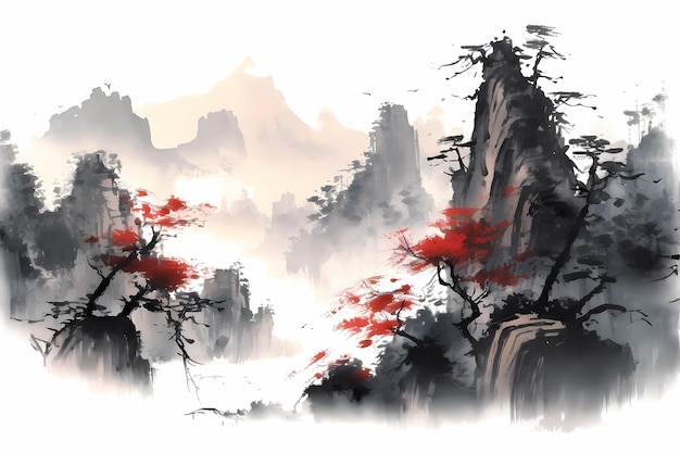 Uma pintura de uma paisagem montanhosa com uma árvore vermelha em primeiro plano.