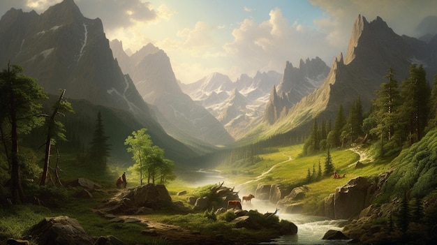 Uma pintura de uma paisagem montanhosa com uma cena de montanha e uma cena de floresta.