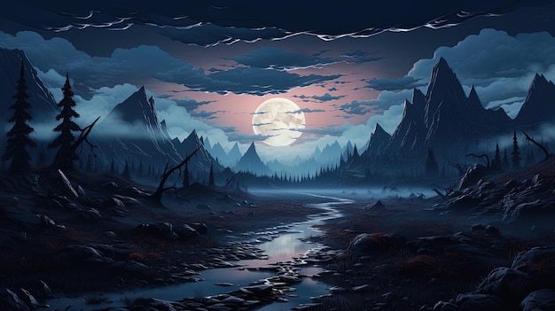 Uma pintura de uma paisagem montanhosa com uma lua cheia ao fundo.