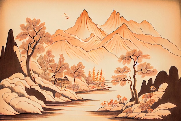 Uma pintura de uma paisagem montanhosa com uma montanha ao fundo.