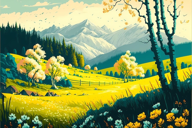 Uma pintura de uma paisagem montanhosa com uma montanha ao fundo.