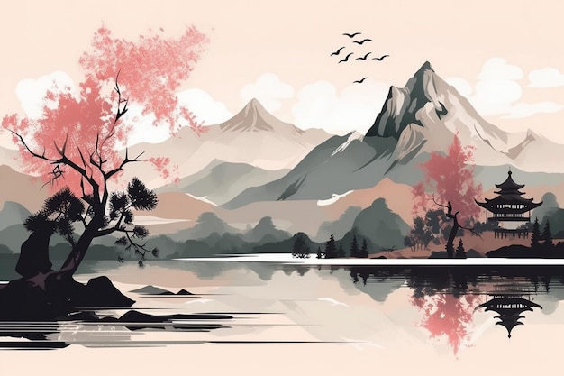 Uma pintura de uma paisagem montanhosa com uma montanha e um lago com uma árvore rosa em primeiro plano.