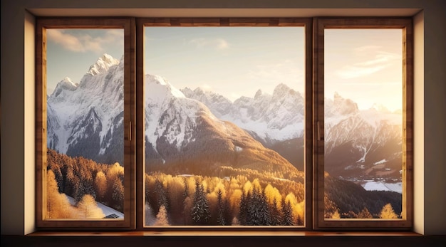 Uma pintura de uma paisagem montanhosa vista da janela