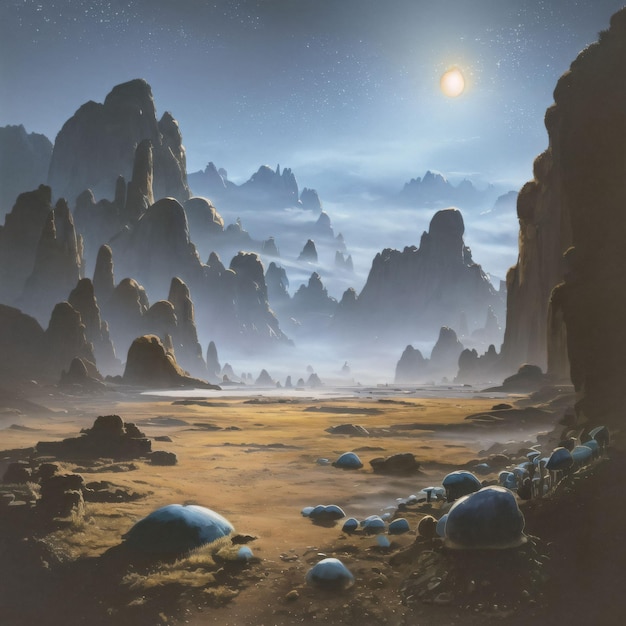 Uma pintura de uma paisagem rochosa com um céu azul e a lua ao fundo.