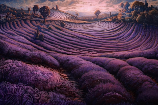 Uma pintura de uma paisagem roxa com uma paisagem roxa.
