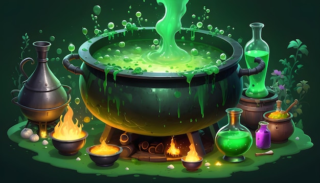 uma pintura de uma panela com líquido verde e um poço de fogo com outras coisas