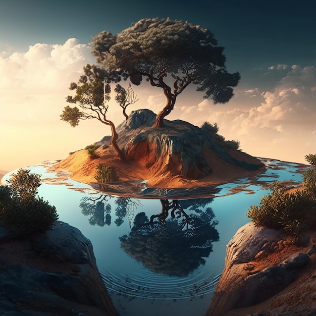 Uma pintura de uma pequena ilha com árvores