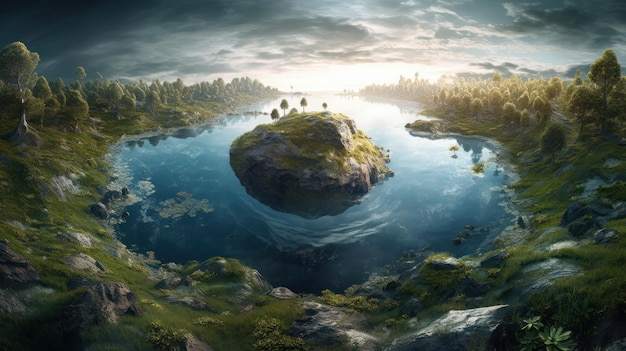Uma pintura de uma pequena ilha com um lago e o céu com nuvens.