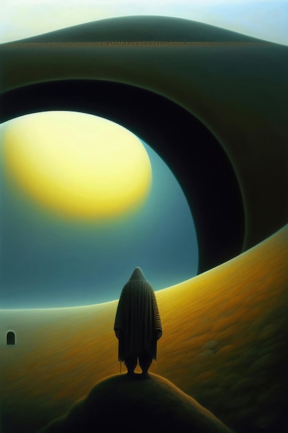 Uma pintura de uma pessoa caminhando em direção a um grande sol